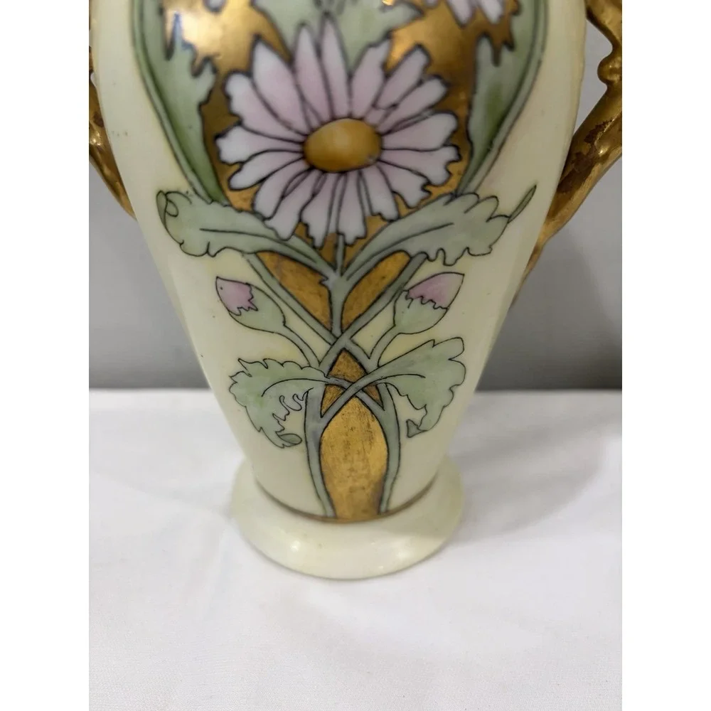Limoges Vase Hand Painted Floral Daisies Gold Gilded Trim Vintage 8